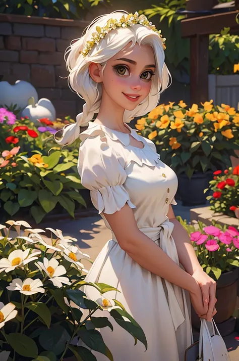 best quality, masterpiece,white hair, gold eyes,white clothes, looking up, upper body,hair strand,Fair skin,side braids Large chest,. Adorable, mature Woman,detailed big-eyed woman, round face. promenent red lips. Smileing,In the garden, large ass, wearing...