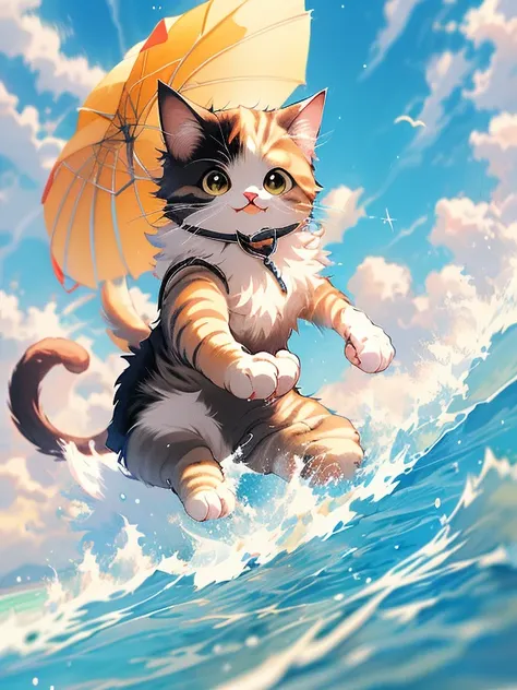 Gato anime corriendo en el agua，Burbujeo en la boca, visual anime de un lindo gato, gato animado, lindo arte digital detallado, preciosa pintura digital, realistic gato animado, adorable digital art, Linda obra de arte detallada, gato kawaii, lindo anime, ...