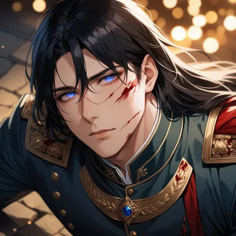 ((1man)), a handsome man in a castle, handsome face, skin and body broken with scars, blood, laying on the ground, 8K, (dynamic perspective), sharp focus, (depth of field, bokeh:1.3), extremely detailed eyes and face, beautiful detailed eyes, cinematic lig...