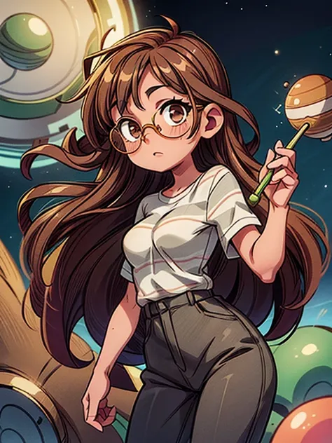 Girl with long brown curly hair, brown eyes, wearing gold circular glasses, a green and gray striped (horizontal stripes) shirt, black pants, (floating in space)