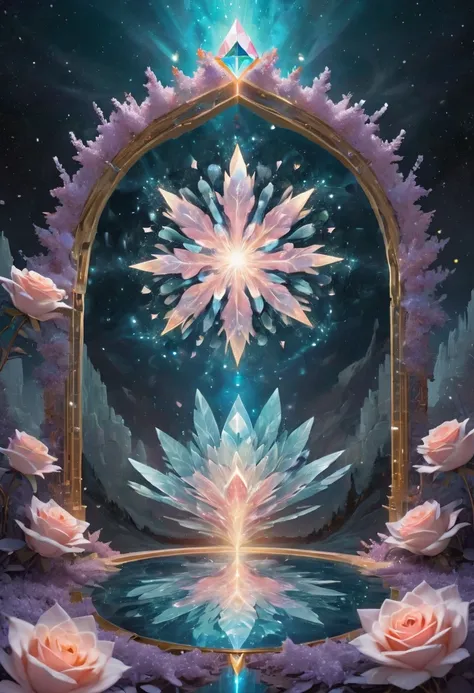 giant geometric shape, mandala sacral geometry made of LILACS flowers petals, hypnotizing, stars, golden ratioin the middle of picture, flying above the on the landscape made of fractal crystals Swarovski, glowing tesselations, centered, sharp focus, perfe...