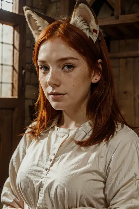 Red-haired girl with fox ears, freckles, looks at the camera, medieval clothing