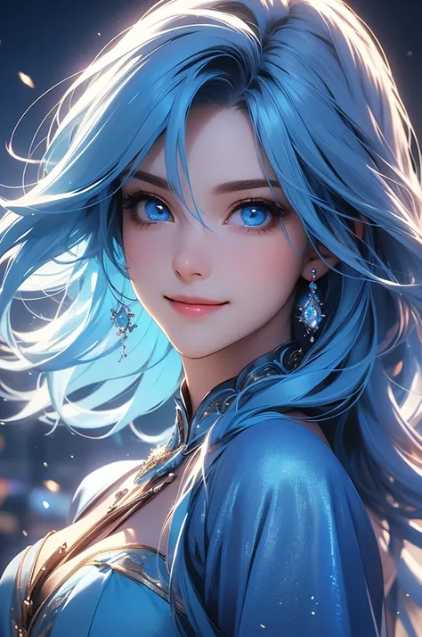 (masterpiece, very high quality photo, CGI effect, lighting effect, shading effect), a beautiful woman, long sky blue hair, blue dress (exclusive image of the characters face only, 1.2 smile, sky blue eyes)