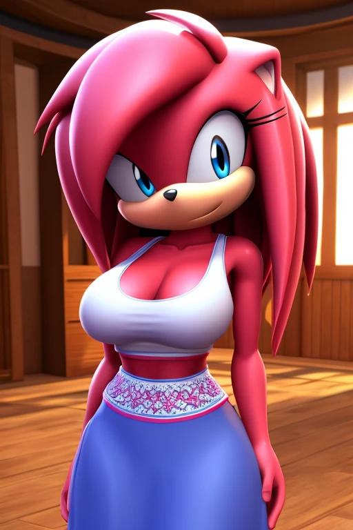 Masterpiece, high quality, studio quality, intricate details, 4k, 1girl, solo, Julie-Su the Echidna, dress, eyes open, blue eyes, big breasts, midriff