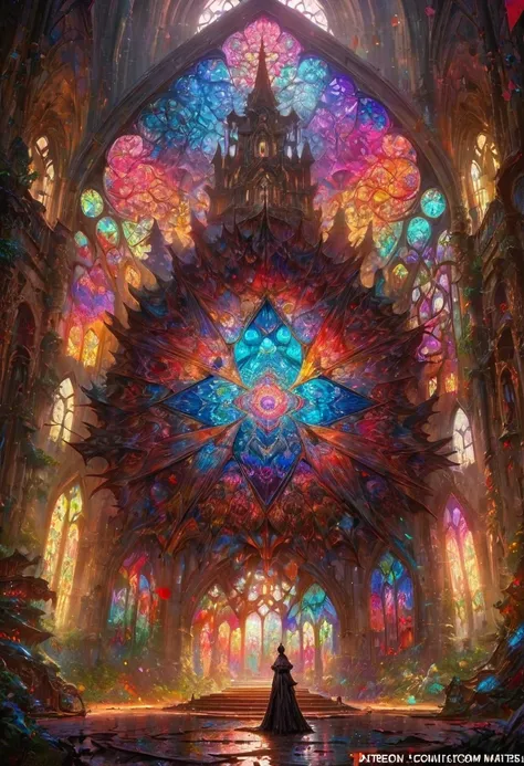 giant geometric shape, Epic stained glass window of a church Colorful glithering beautiful gothic fractal geometry on mandala, Hyperdetailed by Arthur Rackham, intricate details, textured, volumetric, vivid, Antoine Blanchard, vibrant colours, beautiful li...