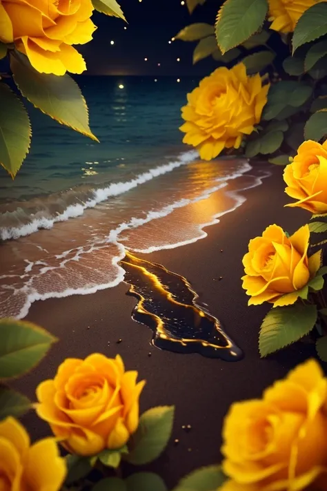 (aesthetic,scenery wallpaper,background,view of a beach at night, border of yellow roses,yellow moon),(best quality,4k,8k,highres,masterpiece:1.2),ultra-detailed,(realistic,photorealistic,photo-realistic:1.37),HDR,UHD,studio lighting,ultra-fine painting,sh...