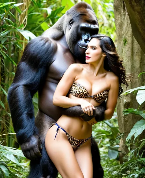 Giant gorilla carries fainted limp topless leopard bikini horny aroused Wonder Woman in his arms embrace kissing 