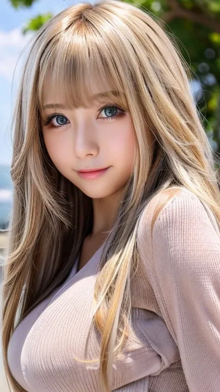 sexy big breasts、Sexy cute looks and cute 15 year old beautiful girl, Beautiful and sexy face、A strong wind blows my hair in front of my face、Beautiful long straight metallic blonde hair with cute and sexy eyes hidden behind long bangs