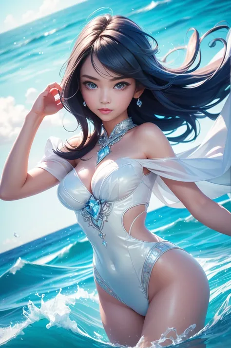 (best quality,4k,8k,highres,masterpiece:1.2),ultra-detailed,(realistic,photorealistic,photo-realistic:1.37),diamond heart,ocean,blue,shimmering,sparkling,glowing,crystal-clear water,mesmerizing waves,glistening surface,reflections of sunlight,serene,tranqu...