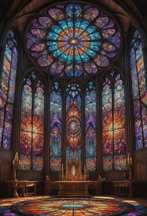 giant geometric shape, epic stained glass window of a church colorful glithering beautiful gothic fractal geometry on mandala, h...