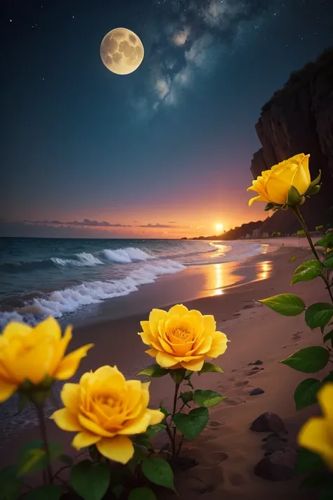 (aesthetic,scenery wallpaper,background,view of a beach at night, border of yellow roses,yellow moon),(best quality,4k,8k,highres,masterpiece:1.2),ultra-detailed,(realistic,photorealistic,photo-realistic:1.37),HDR,UHD,studio lighting,ultra-fine painting,sh...