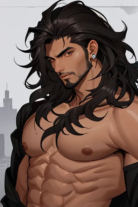 Hombre joven, pelo negro, dark brown eyes, pelo largo, cuerpo musculoso, hombre alto musculoso, guapo, atractivo, orejas de lobo, pelaje negro, atractivo, pelo negro, orejas de lobo 