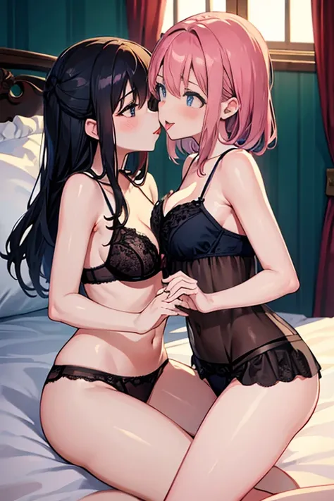 two girls in lingerie, kissing with tongue in the bedroom