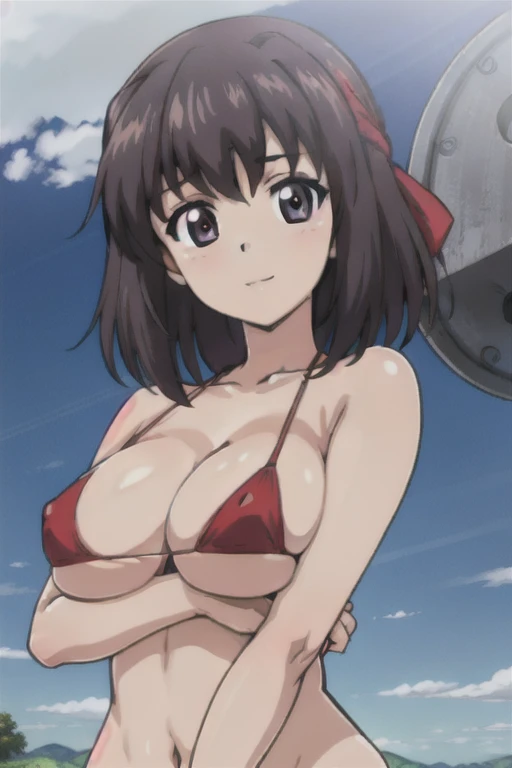 (anime cels style, best quality, high resolution, megami magazine, anime poster style, sharp, 8k, photorealistic), (beautiful eyes:1.2), (kondou_taeko:1.5, Girls und Panzer), 1girl, brown medium hair, brown eyes, (red headband under bangs), (large breast),...