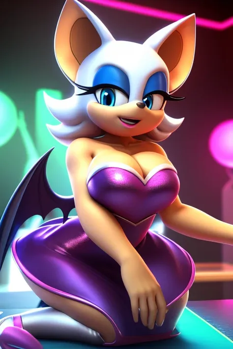 Masterpiece, high quality, studio quality, intricate details, 4k, 1girl, Rouge the Bat, party dress, eyes open, blue eyes, big breasts