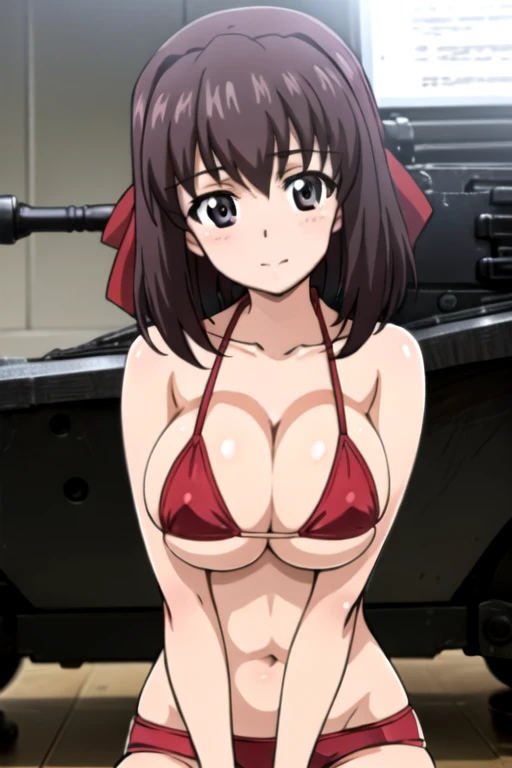 (anime cels style, best quality, high resolution, megami magazine, anime poster style, sharp, 8k, photorealistic), (beautiful eyes:1.2), (kondou_taeko:1.5, Girls und Panzer), 1girl, brown medium hair, brown eyes, (red headband), (huge breast), (red bikini)...