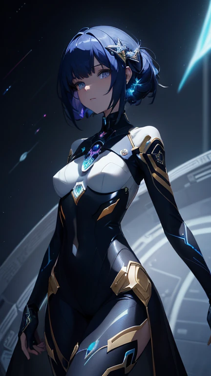 A sleek, cybernetic astral girl, adorned in intricate, ethereal armor that shimmers with cosmic hues, traverses the vast unknown of deep space. This dynamic character concept is presented through a stunning digital painting, showcasing the characters darkw...