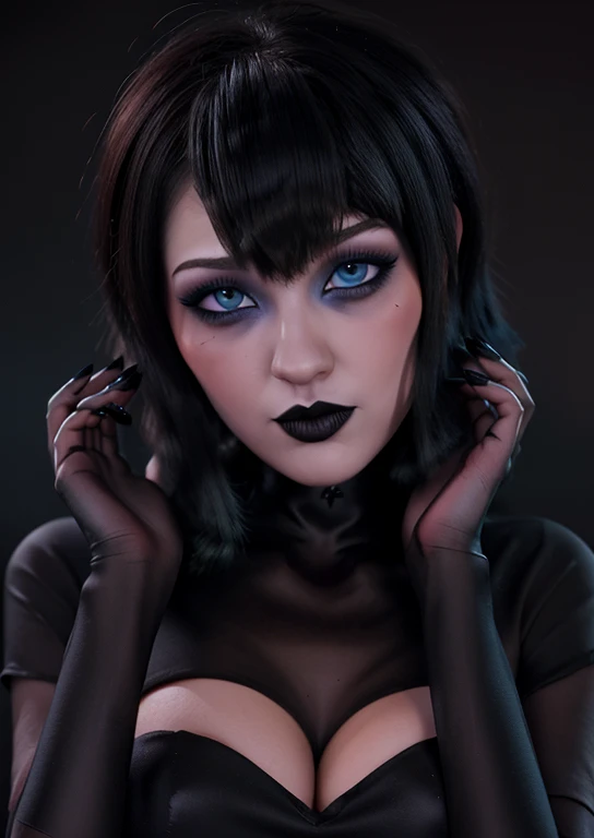 Obra maestra, high quality graphics, vampire and gothic girl sexy busty gothic makeup voluminous lips upturned nose extraordinary beauty, ojos azules cabello corto con flequillo estilo bob, detallado perfecto 12k, detailed hands long nails painted black po...