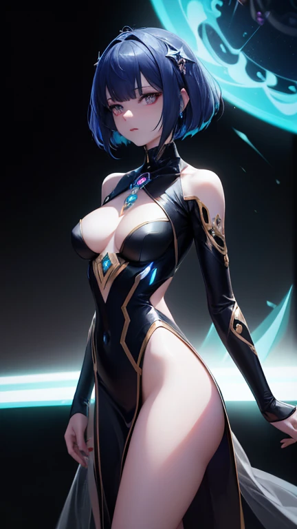 A sleek, cybernetic astral girl, adorned in intricate, ethereal armor that shimmers with cosmic hues, traverses the vast unknown of deep space. This dynamic character concept is presented through a stunning digital painting, showcasing the characters darkw...