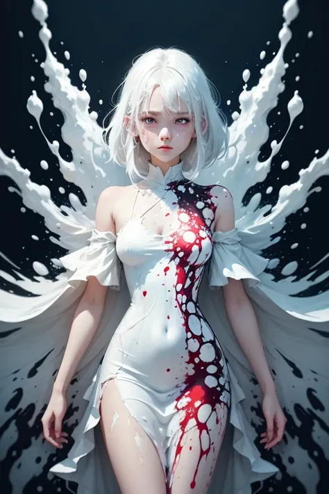 white-haired girl in dress liquid paint in a white room, bleeding color splashes, Visually stunning, Beautiful, emotional, ((More liquid paint splashes)), (Abstract art:1.4), (Delicate images), (Highly detailed), (high resolution), (Best quality), (masterp...