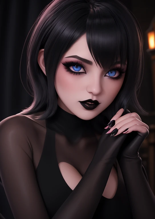 Obra maestra, high quality graphics, vampire and gothic girl sexy busty gothic makeup voluminous lips upturned nose extraordinary beauty, ojos azules cabello corto con flequillo estilo bob, detallado perfecto 12k, detailed hands long nails painted black po...