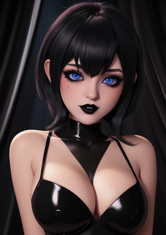 Obra maestra, high quality graphics, vampire and gothic girl sexy busty gothic makeup voluminous lips upturned nose extraordinary beauty, ojos azules cabello corto con flequillo estilo bob, detallado perfecto 12k, detailed hands long nails painted black po...