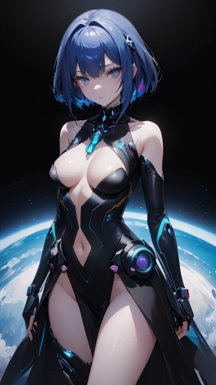 A sleek, cybernetic astral girl, adorned in intricate, ethereal armor that shimmers with cosmic hues, traverses the vast unknown of deep space. This dynamic character concept is presented through a stunning digital painting, showcasing the characters darkw...