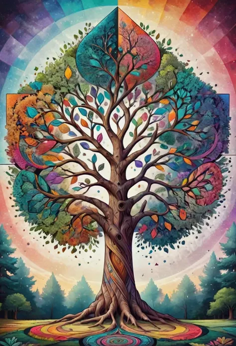 giant geometric shape, colorful tree of life, geometric art, symmetrical, concept art, hdr, centered composition, high contrast,...