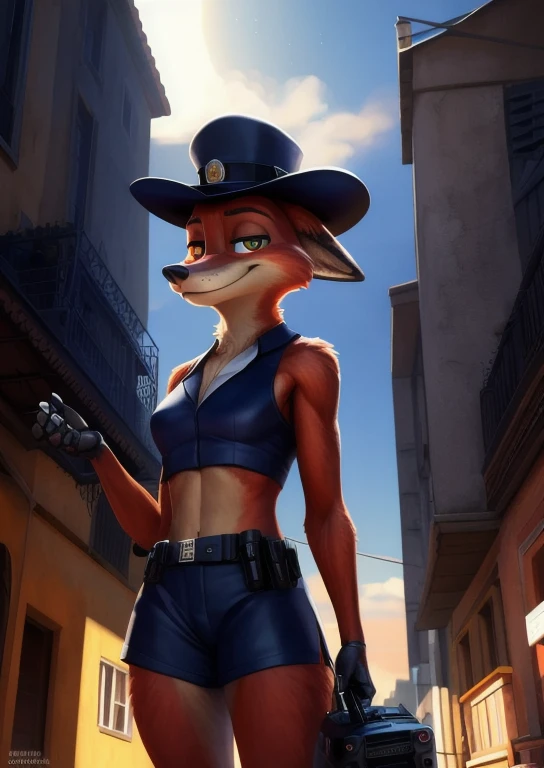 subido en e621, [(por Homogeneousrule, por Wildering, por foxovh, por Catcouch)::0.85],
solo (((Nick Wilde), retrato de tres cuartos) in navy blue police uniforms, mirada perdida, wearing a black bowler hat (which has a robotic red eye)),
(noche del anoche...