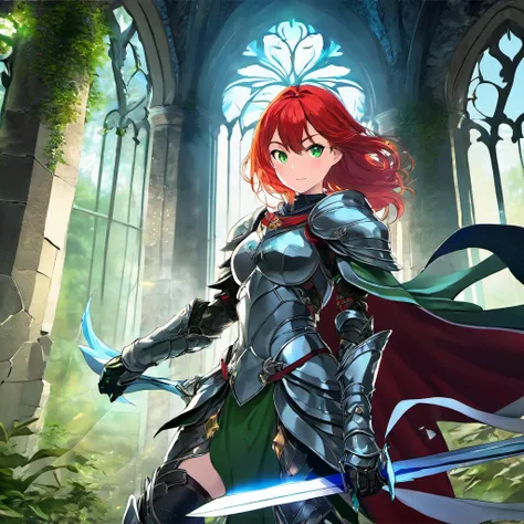 best quality,ultra-detailed,photo-realistic,anime girl knight with red hair,green eyes full body,full armor,sharp focus,detailed armor design,magical sword,heroic pose,
vivid colors,dynamic lighting,stylized background,fantasy setting,glowing effects,roari...