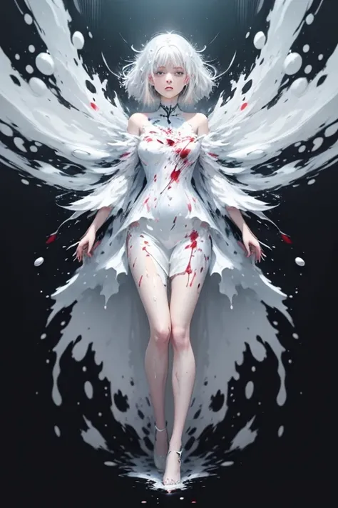 white-haired girl in dress liquid paint, (Abstract art:1.6), bleeding color, fragile beauty, rebirth, ((More liquid paint splashes)), (zero gravity), (Photorealistic: 1.4), (Highly detailed), (high resolution), (Best quality), (masterpiece)