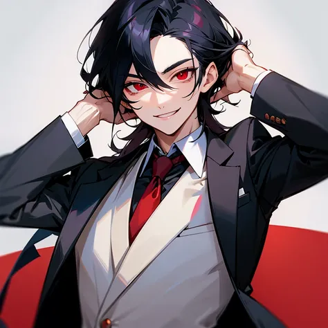 Vampire teen red eyes black hair handsome perfect face cold smile wearing a suit in an office anime style 