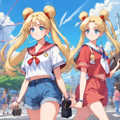 Adult woman blonde long hair with two buns tied to two high pigtails sky blue eyes face identical to Serena Tsukino character from the Sailor Moon anime dressed in a short top and jeans with black ankle boots and a bag 