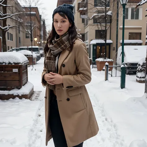 Bella Hadid in the snow wearing a coat and scarf