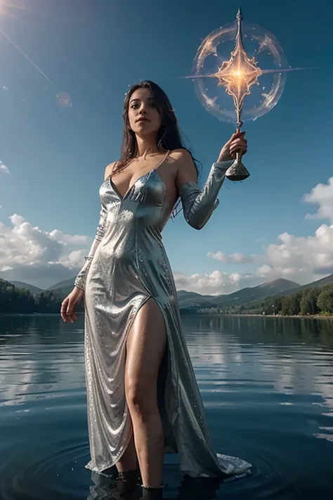 An alluring sorceress floats above a tranquil lake, her gown billowing like clouds, while holding a silver wand that controls the waters and her aura radiating with serenity and power.