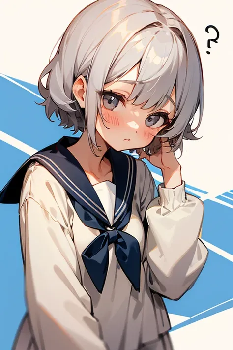 short gray hair, blush, high school student、sailor suit、Headbang 2.、cute、beautiful woman、