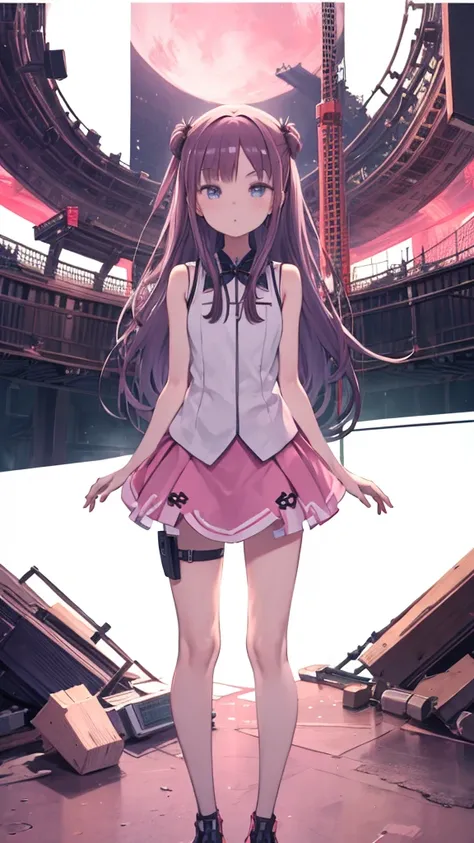 (masterpiece, highest quality:1.2), 1 girl, alone,Are standing_Split, Yuuki eats, long hair, without black sleeveless short vest，pink skirt，black