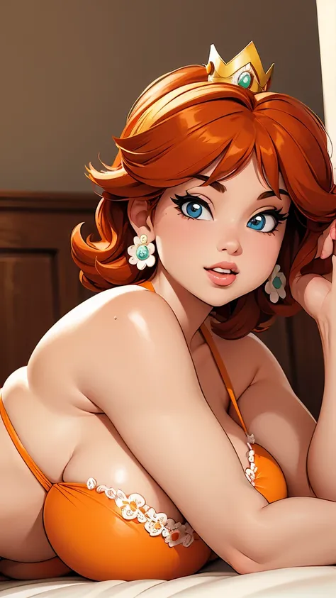 ((masterpiece)), ((best quality)), (detailed), perfect, solo, princess daisy, gorgeous woman with orange bikini, crown, luscious lips, redhead, short hair, huge breast, deep cleavage, huge booty, sexy, lying down