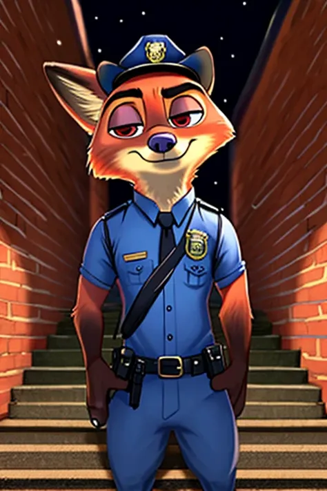 zorro de dibujos animados con corbata y camisa de policia, wearing black bowler hat (hat which has a robotic red eye)《zootopia》n...