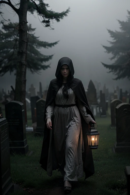 A mysterious enchantress drifts through a mist-covered graveyard, her cloak trailing behind her like a ghostly apparition, while holding a lantern that guides lost souls and her presence calming the restless spirits.