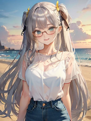 （Glasses）、The arrival of autumn、big butt、big butt、 Super detailed,bright colors, very beautiful detailed anime face and eyes,highest quality, hyper detail, masterpiece, look straight, ;shiny_skin,girl, ((long hair、gradation hair , Half silver hair、half yel...