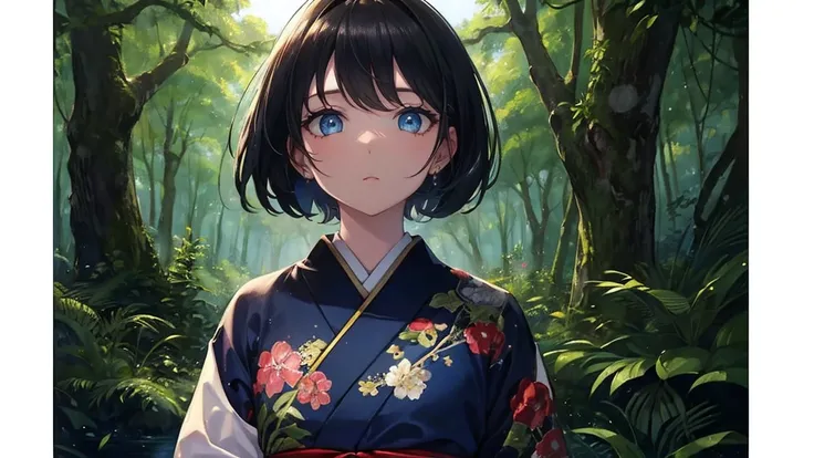 A (masterpiece, of the highest quality, ultra-detailed), featuring a 10-year-old girl with black and navy bob-cut hair, finely sculpted facial features, blue eyes, and fair skin, adorned in a traditional Japanese kimono, with sparkling eyes, ((resembling a...