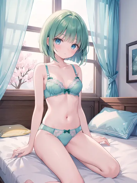 masterpiece, beautiful illustrations, highest quality, pretty girl, 1girl, Bedroom, pastel colour, (two-separated lingerie), cute lingerie, (Spring Green bob cut), bright lighting, sky-blue eyes