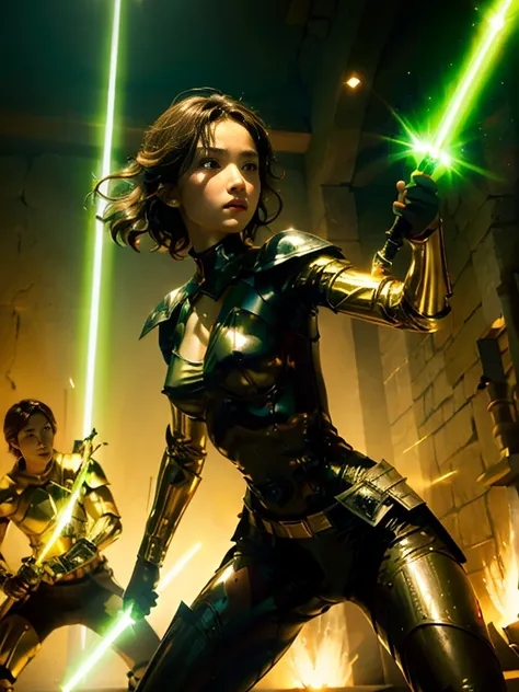 a female knight holding a glowing light saber and taking a sword fighting stance、wearing light sci-fi style armor and holding a ...