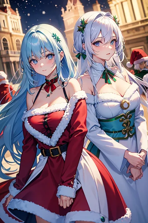 duo　A beautiful woman with short silver hair and blue eyes　Beautiful woman with pastel purple wavy long hair　Christmas　santa