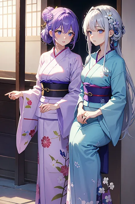 duo　A beautiful woman with short silver hair and blue eyes　Beautiful woman with pastel purple wavy long hair　yukata　Summer festival　firework