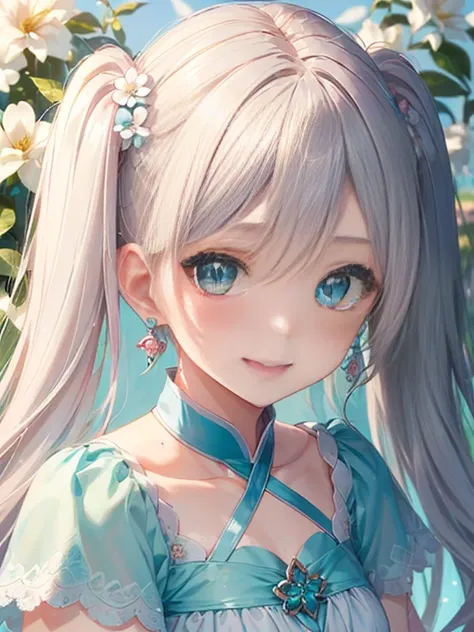 小さなgirl、The arrival of spring、big butt、 (alone:1.5,)Super detailed,bright colors, very beautiful detailed anime face and eyes, look straight, ;d, shiny_skin,girl, ((silver long hair,Inner color is red 、forehead is exposed.、green eyes、、shiny hair, delicate ...