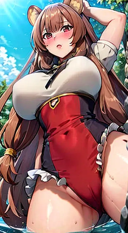 Raphtalia, NSFW, gigantic breasts, in water, racoon tail, racoon girl, from below, open legs,