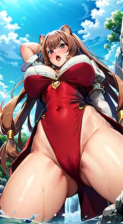 Raphtalia, NSFW, gigantic breasts, in water, racoon tail, racoon girl, from below, open legs,