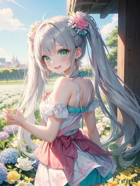 小さなgirl、The arrival of spring、big butt、 (alone:1.5,)Super detailed,bright colors, very beautiful detailed anime face and eyes, look straight, ;d, shiny_skin,girl, ((silver long hair,Inner color is red 、forehead is exposed.、green eyes、、shiny hair, delicate ...